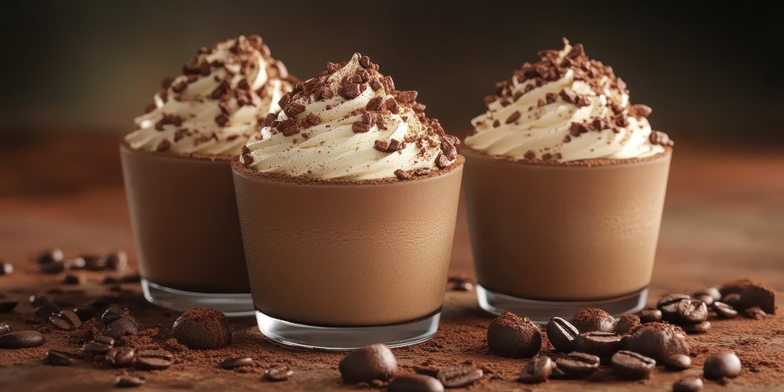 Delicious chocolate desserts topped with whipped cream and cocoa served in elegant glasses on a rustic wooden table
